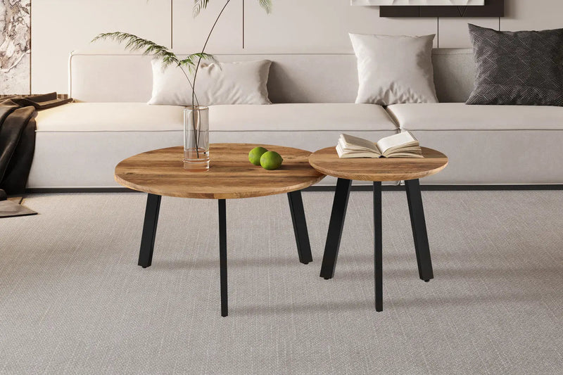 AZIZ – Duo de tables basses rondes effet manguier – Ø 80 et Ø 50 cm