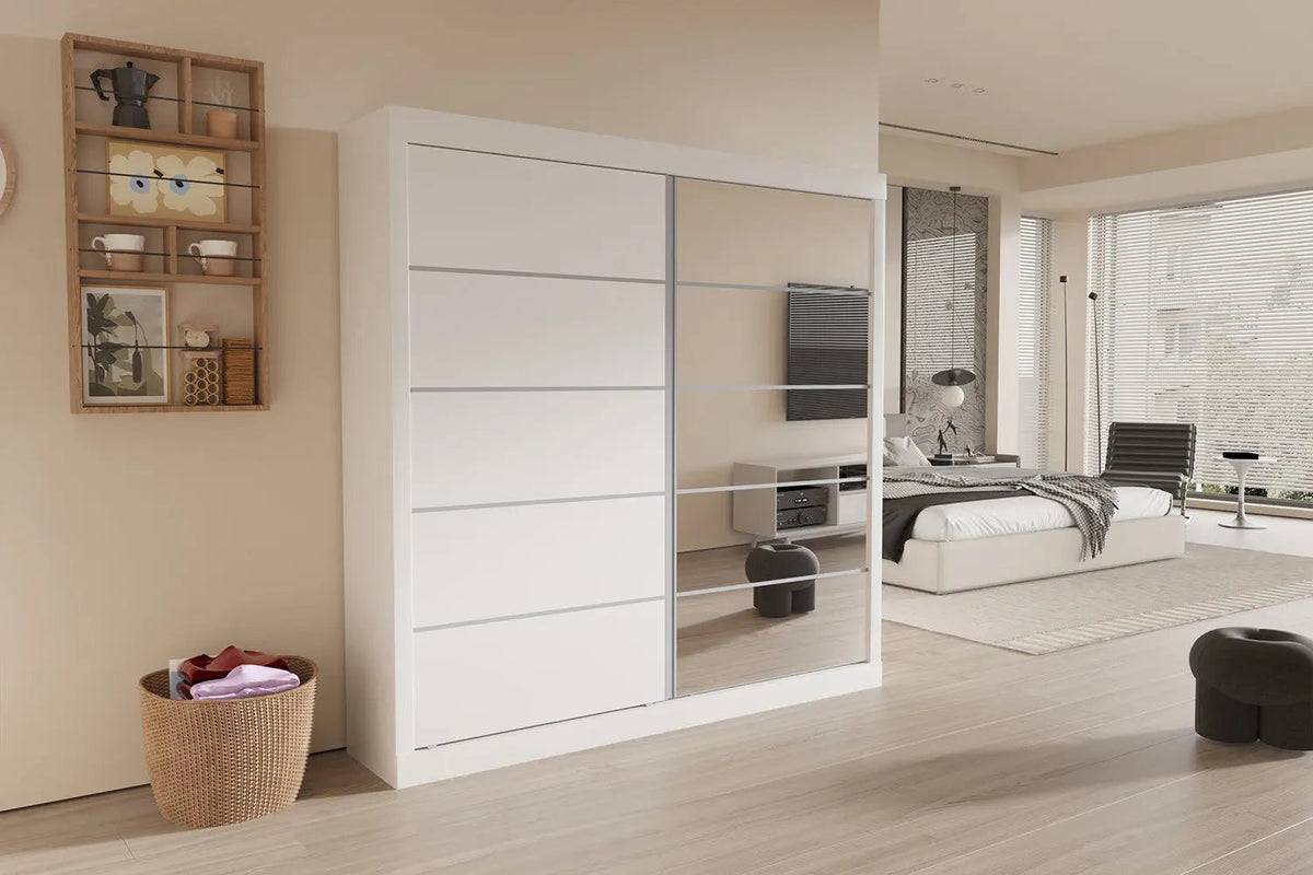 Armoire 2 portes coulissante avec porte miroir MIKA blanc - 182.5 cm