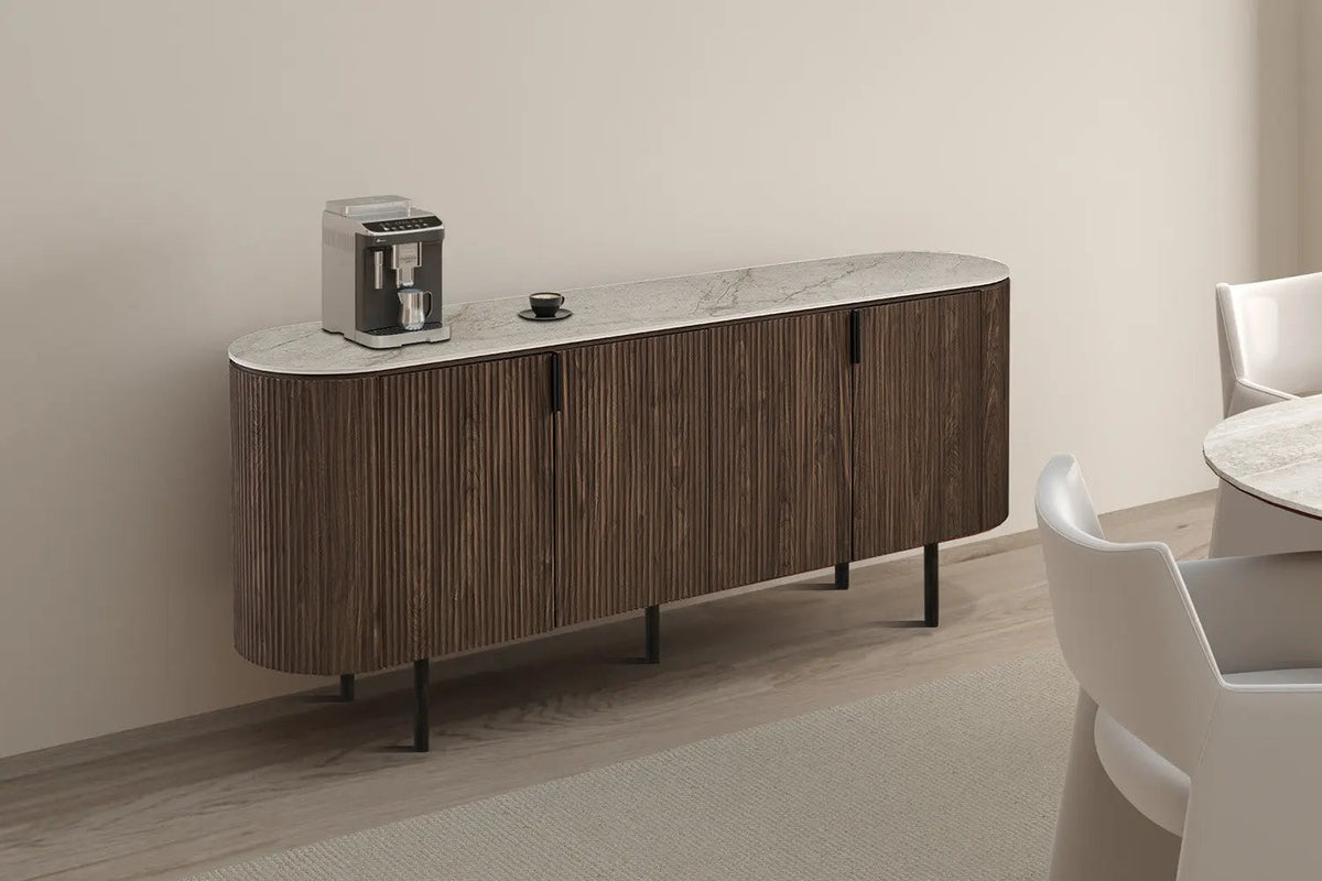 Buffet 200 cm Décor Chêne et Plateau Pierre Frittée VEKO - 200 x 45 cm