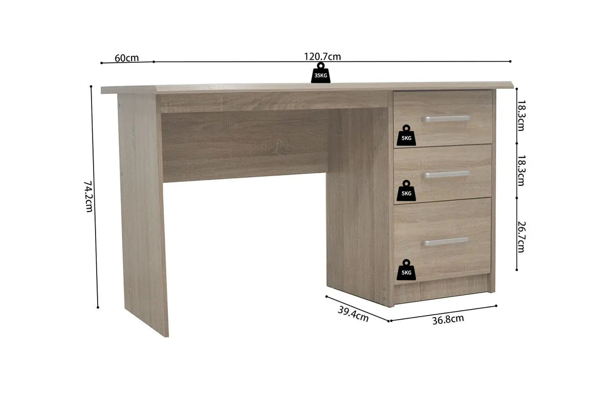 Bureau MATIS 3 tiroirs en MDF - Bureau droit 121 x 60 cm