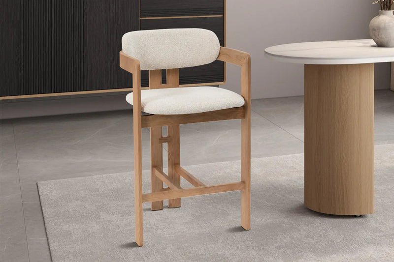 CAMILLE – Chaise de bar en frêne, assise tissu beige – 56 x 52 cm