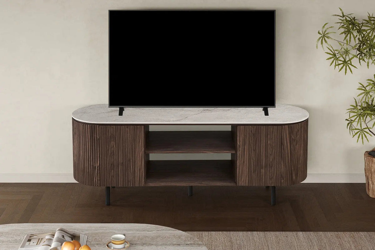 Meuble TV VEKO Décor Chêne et Plateau Pierre Frittée - 160 x 45 cm
