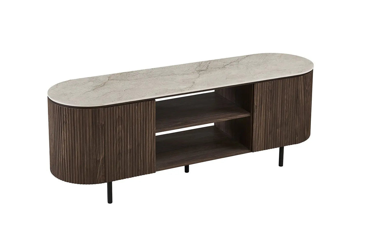 Meuble TV VEKO Décor Chêne et Plateau Pierre Frittée - 160 x 45 cm