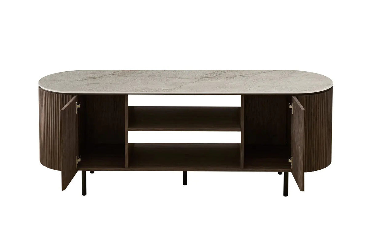 Meuble TV VEKO Décor Chêne et Plateau Pierre Frittée - 160 x 45 cm