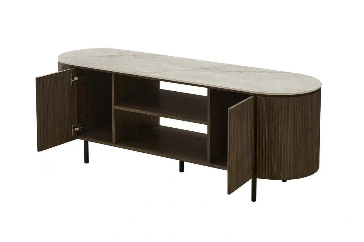 Meuble TV VEKO Décor Chêne et Plateau Pierre Frittée - 160 x 45 cm
