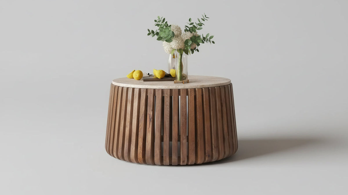 LUUK – Table basse ronde en bois de manguier effet travertin – 70 cm