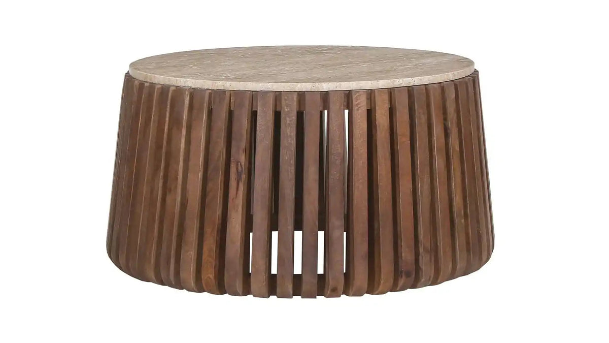 LUUK – Table basse ronde en bois de manguier effet travertin – 70 cm