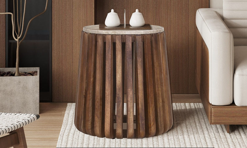 LUUK – Table basse Ronde en Bois de Manguier Effet Travertin – 40 cm