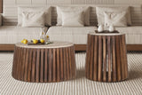LUUK – Table basse Ronde en Bois de Manguier Effet Travertin – 40 cm