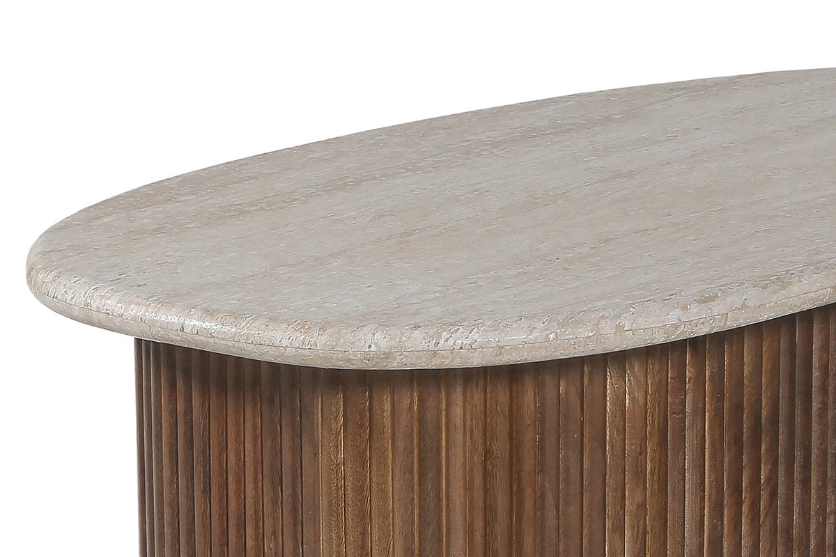 LOUIS – Table Basse en Bois de Manguier Effet Travertin Beige – 90 cm