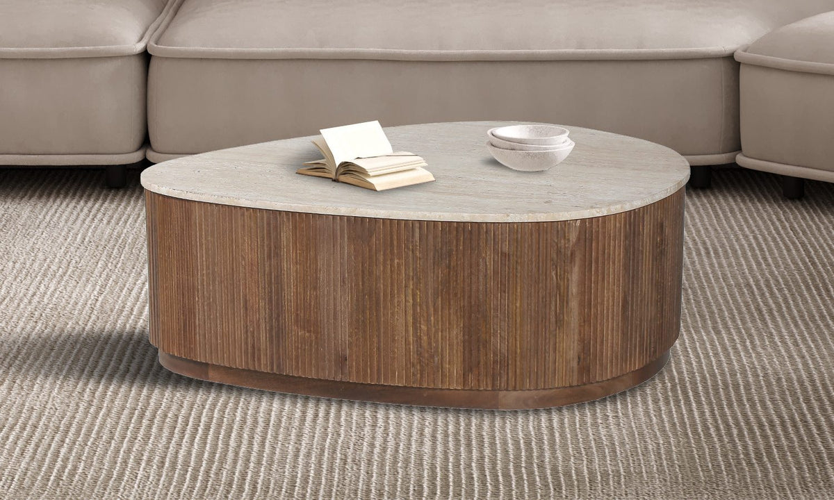 NOLAN – Table Basse en Bois de Manguier et Travertin véritable – 100 cm
