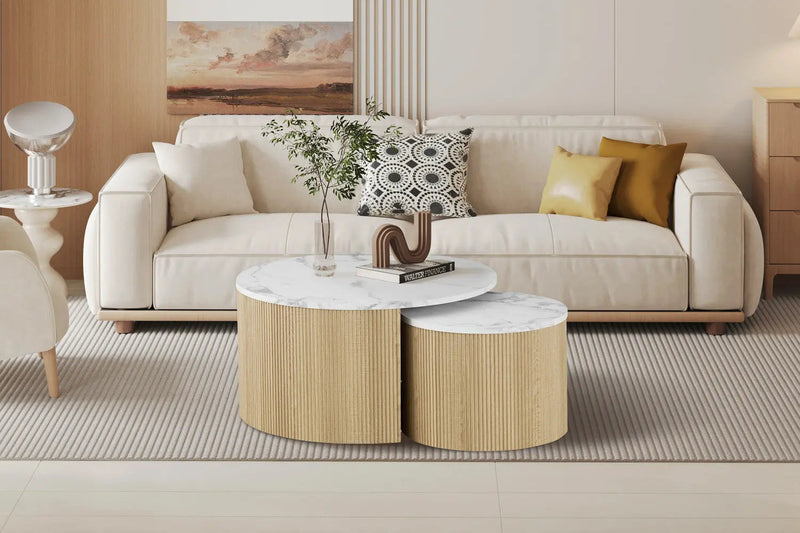 ROWAN – Tables basses gigognes rondes effet marbre beige – Ø 80 et Ø 50 cm