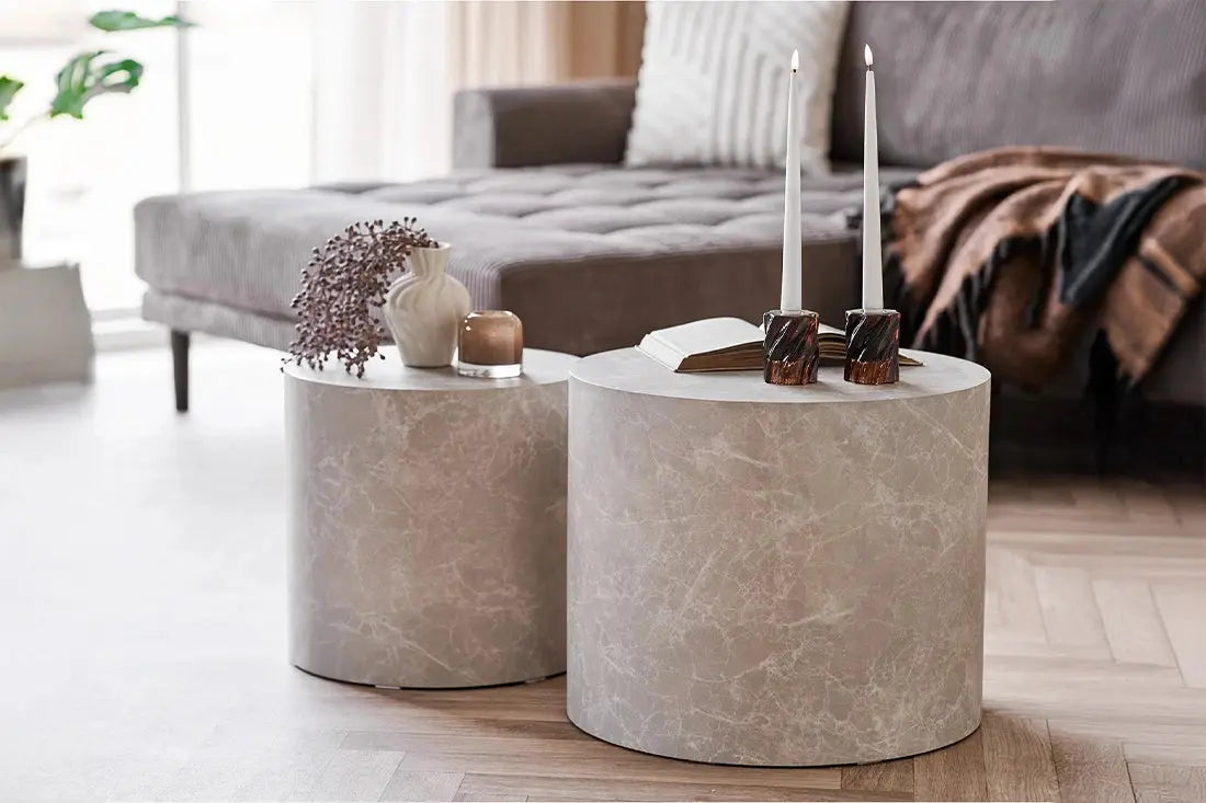 Table Basse Gigogne en Effet Marbre Cylindrique Beige PRAGUE - H : 36/40cm