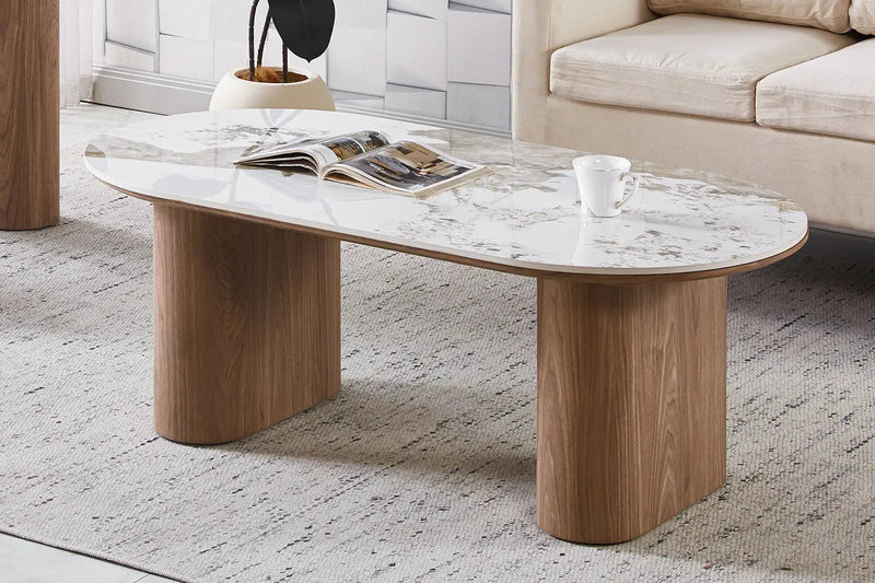 EVORA – Table basse ovale en pierre frittée brillante beige – 120 x 60 cm