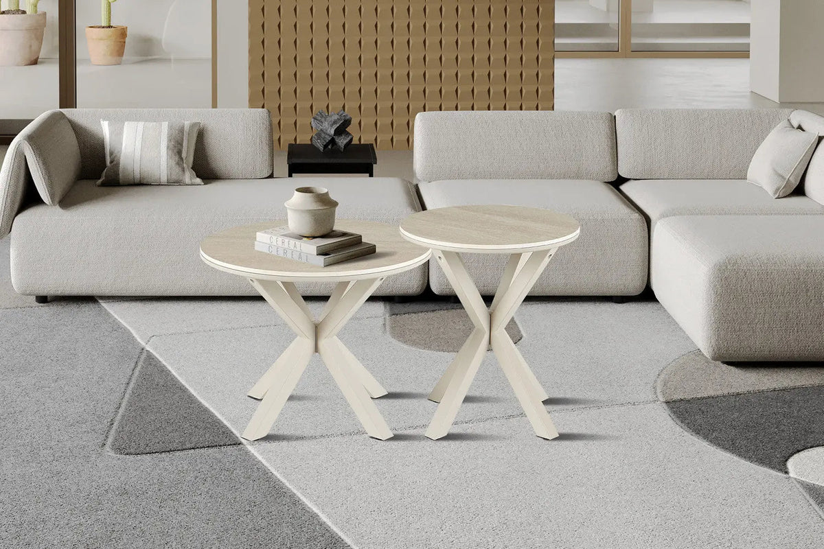 Table Basse Ronde NOAH en Pierre Frittée Beige - Ø 60 cm