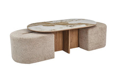 Table Basse avec 2 Poufs en Tissu Pierre Brillante AVORA - 120 x 60 cm