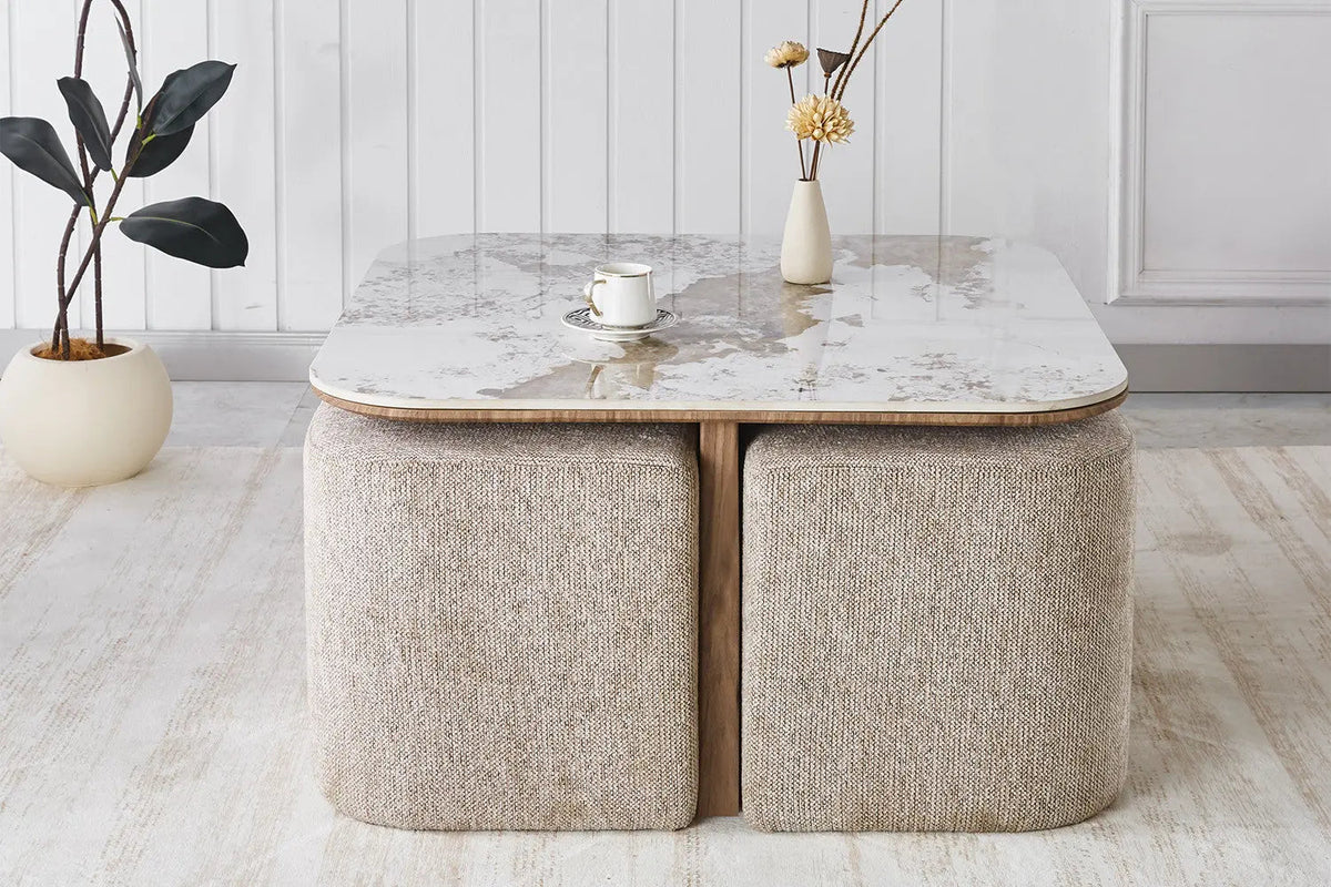 Table Basse avec 4 Poufs en Tissu Pierre Brillante AVORA - 80 x 80 cm