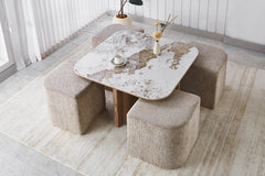 Table Basse avec 4 Poufs en Tissu Pierre Brillante AVORA - 80 x 80 cm