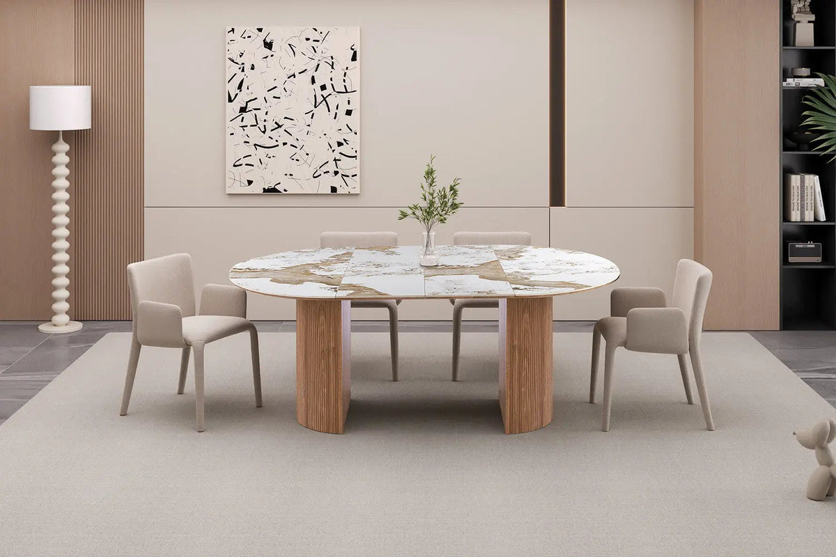 Table à Manger Extensible AVORA en Pierre Brillante Beige - 120 à 200 cm