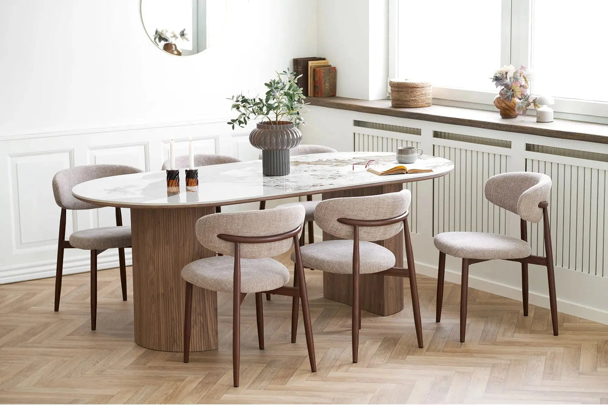 ALCÉA – Grande table ovale à plateau céramique blanc et marron – 210 x 100 cm