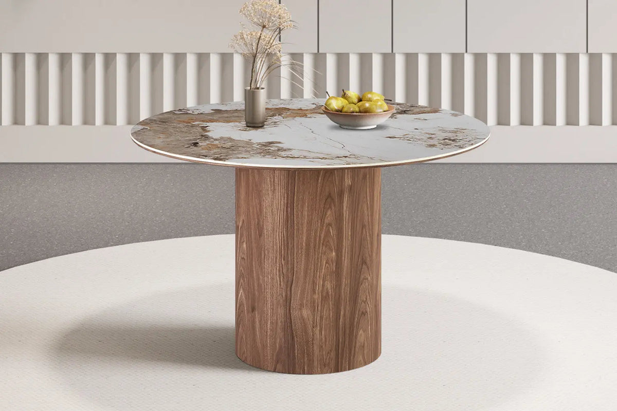 Table à Manger Ronde AVORA en Pierre Brillante Brun Doré - Ø 120 cm