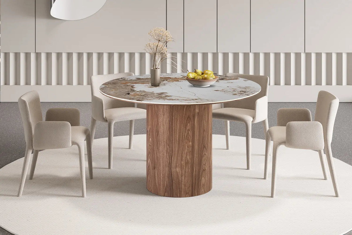 Table à Manger Ronde AVORA en Pierre Brillante Brun Doré - Ø 120 cm
