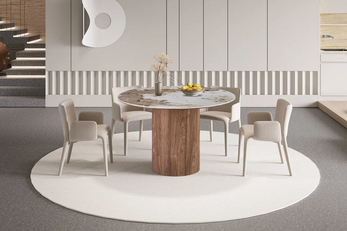 Table à Manger Ronde AVORA en Pierre Brillante Brun Doré - Ø 120 cm