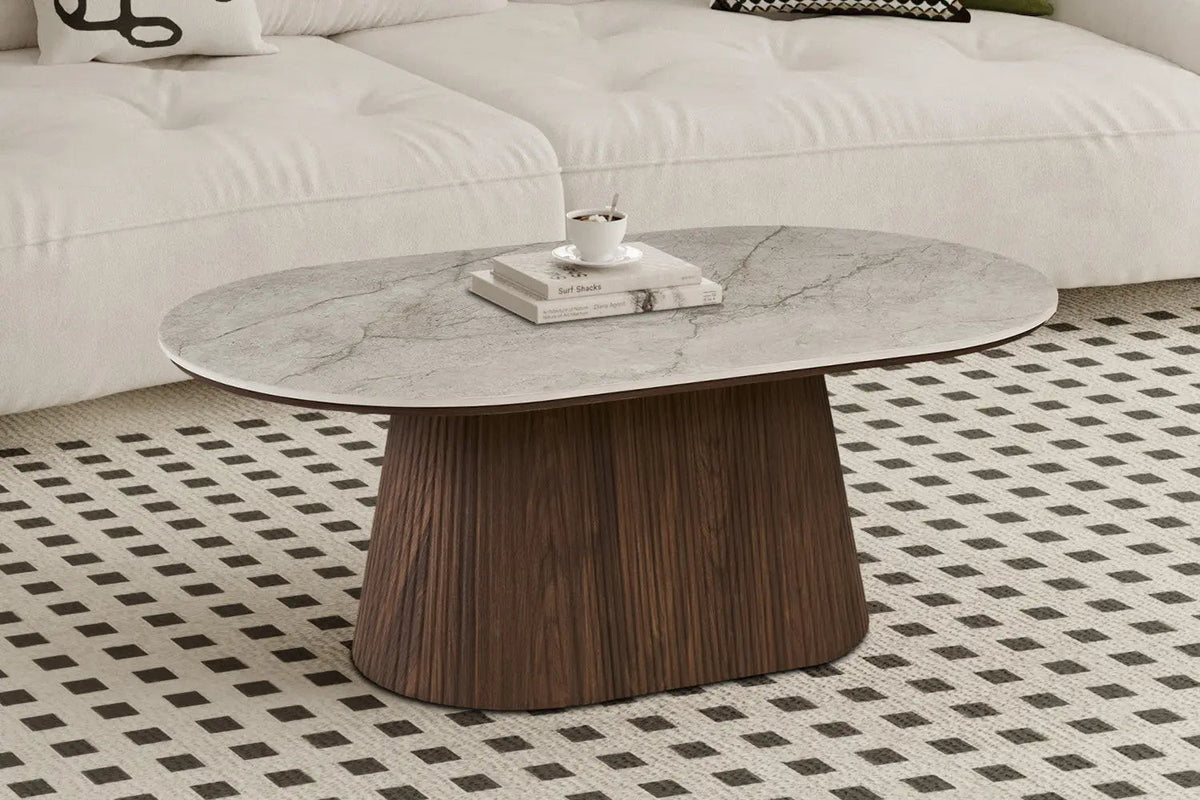 Table basse VEKO Décor Chêne et Plateau Pierre Frittée - 120 x 70 cm