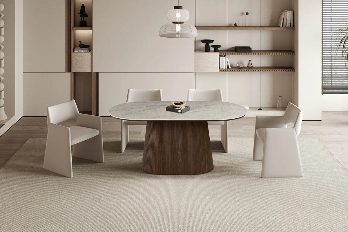 Table de salle à manger VEKO Ovale Décor Chêne et Plateau Pierre Frittée - 180 x 90 cm