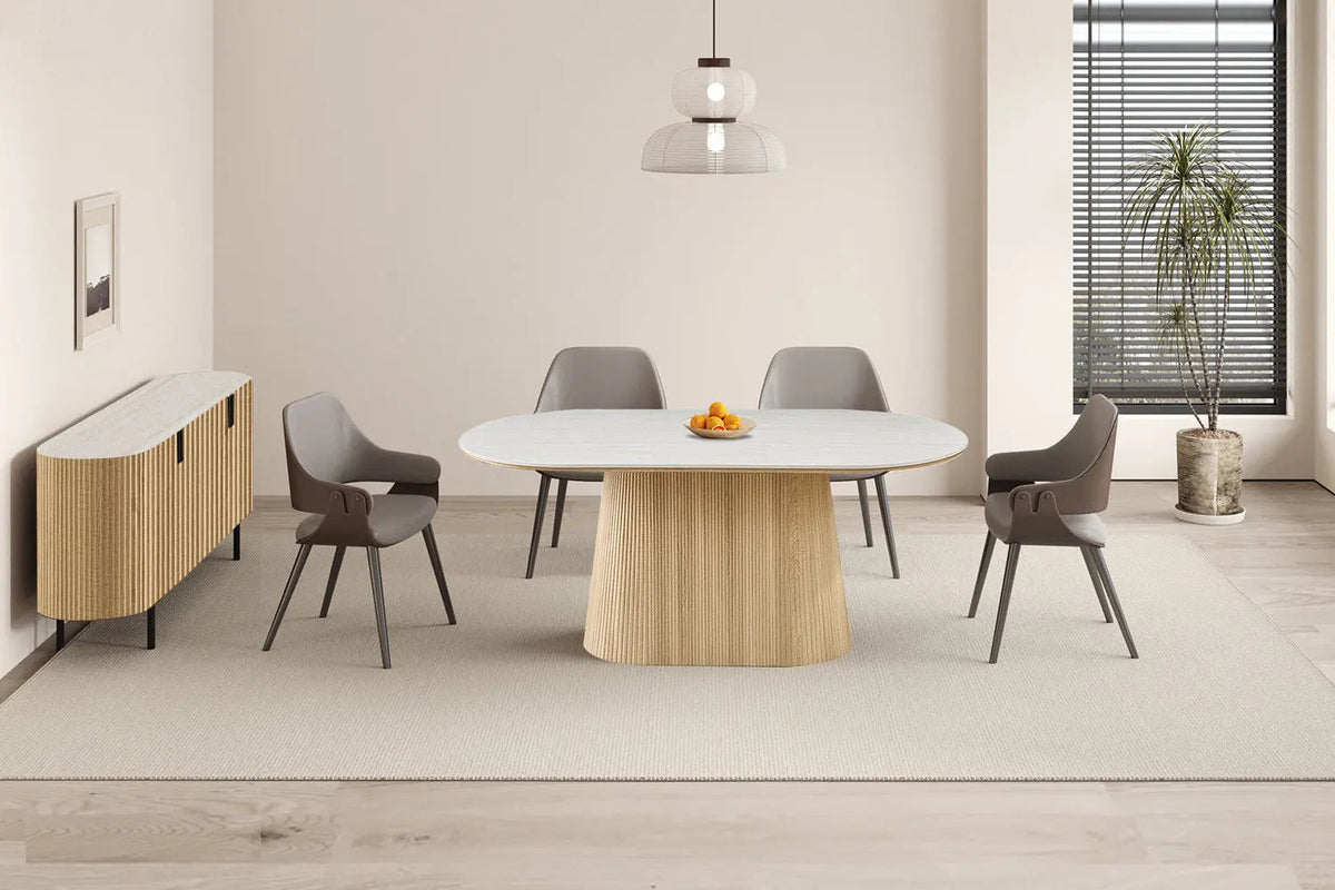 Table de salle à manger VEKO Ovale Décor Chêne et Plateau Pierre Frittée - 180 x 90 cm